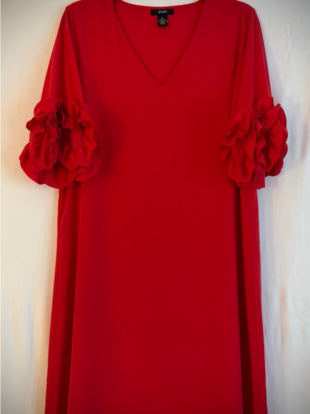 Alfani Red V-Neck Dress with Ruffled Floral Puff Sleeves